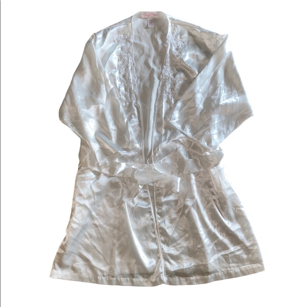 Oscar De La Renta Pink Label White Lace Trim Satin Short Tie Robe Lingerie Large